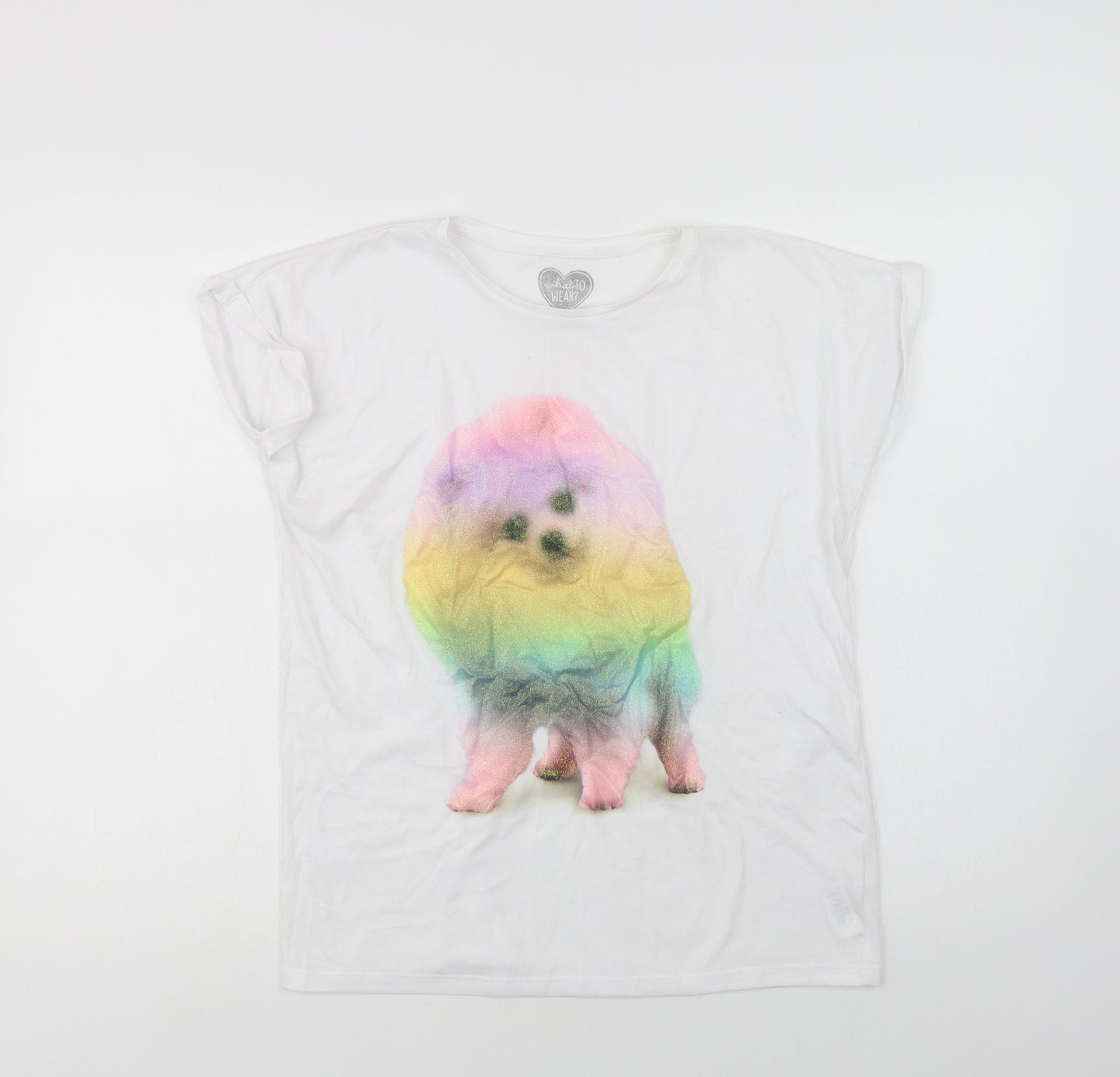 F&F Girls White  Cotton Basic Polo Size 13-14 Years Crew Neck  - Puppy