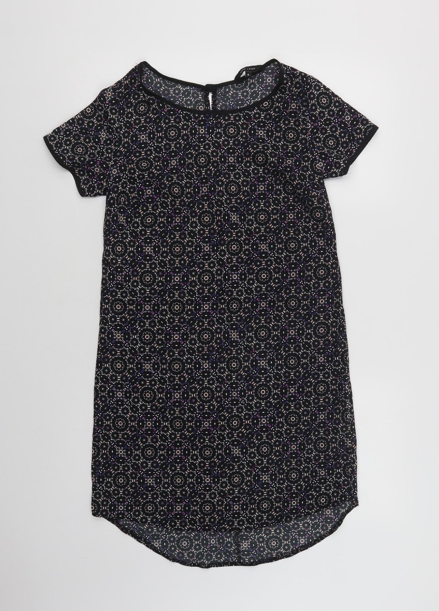 New Look Womens Black Geometric Polyester Shift  Size 8  Crew Neck Button