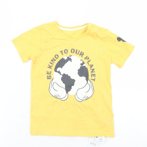 George Boys Yellow  Cotton Basic T-Shirt Size 12-18 Months Crew Neck Snap - Mickey Mouse