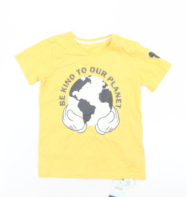 George Boys Yellow  Cotton Basic T-Shirt Size 12-18 Months Crew Neck Snap - Mickey Mouse