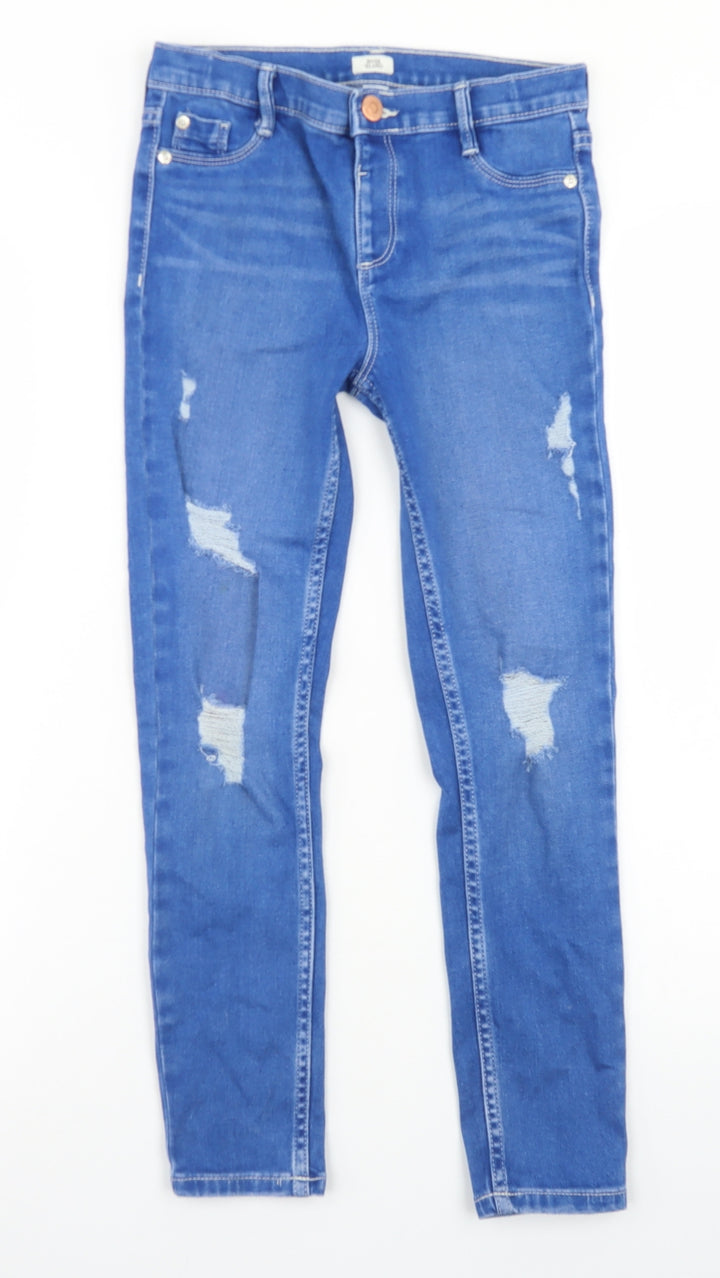 River Island Girls Blue Cotton Skinny Jeans Size 9 Months Regular Button - Distressed