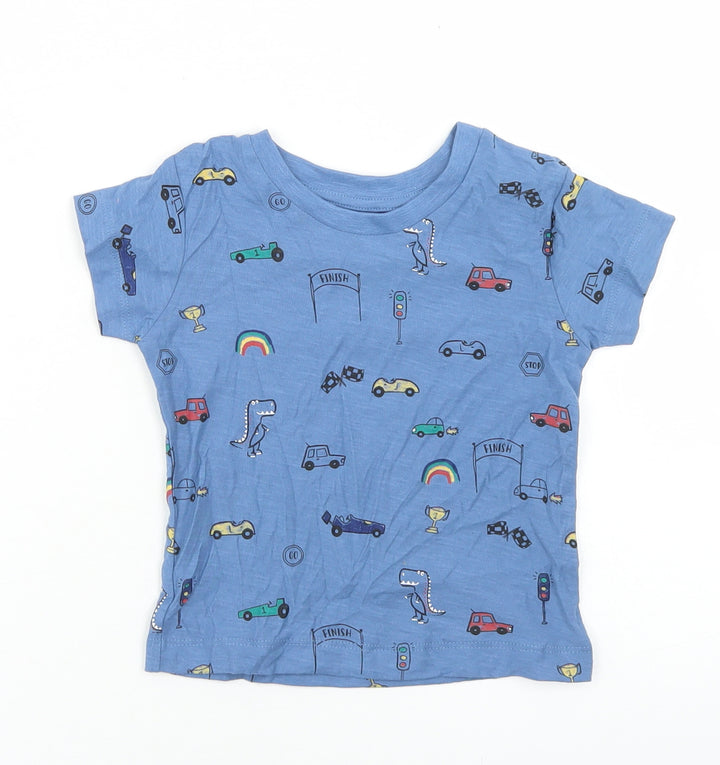 Matalan Boys Blue Geometric Cotton Basic T-Shirt Size 9-12 Months Crew Neck  - Cars