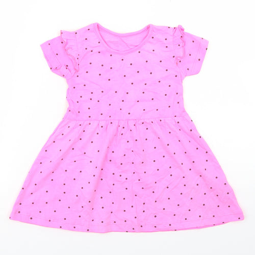 Dunnes Stores Girls Pink Polka Dot Cotton Skater Dress  Size 12-18 Months  Crew Neck