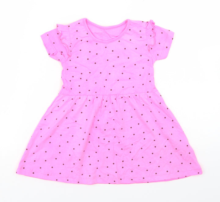 Dunnes Stores Girls Pink Polka Dot Cotton Skater Dress  Size 12-18 Months  Crew Neck