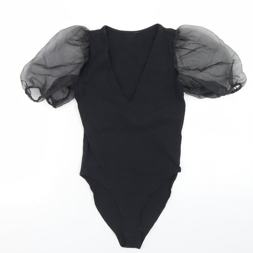 New Look Womens Black  Cotton Bodysuit One-Piece Size 6  Snap - Puff Sleeve