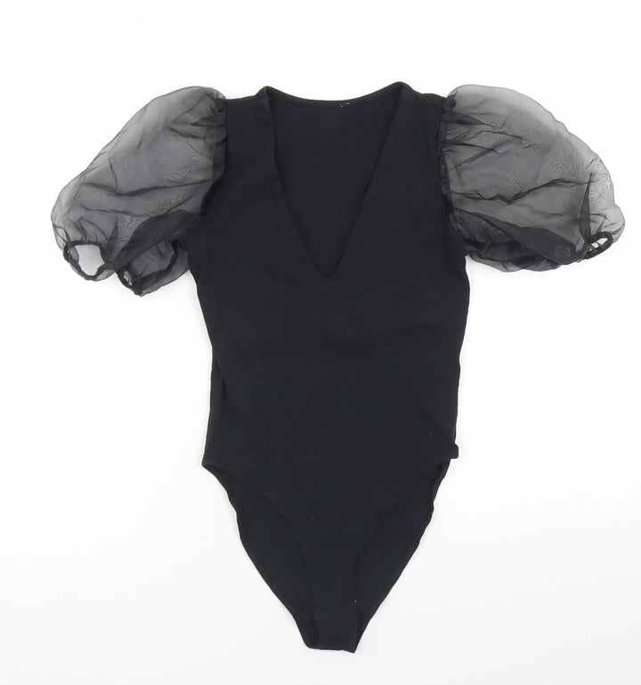 New Look Womens Black Cotton Bodysuit One-Piece Size 6 Snap - Puff Sleeve