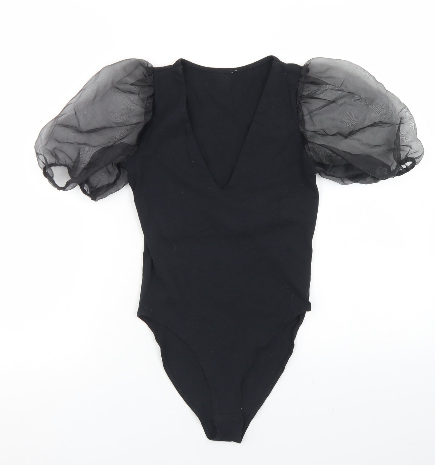 New Look Womens Black  Cotton Bodysuit One-Piece Size 6  Snap - Puff Sleeve
