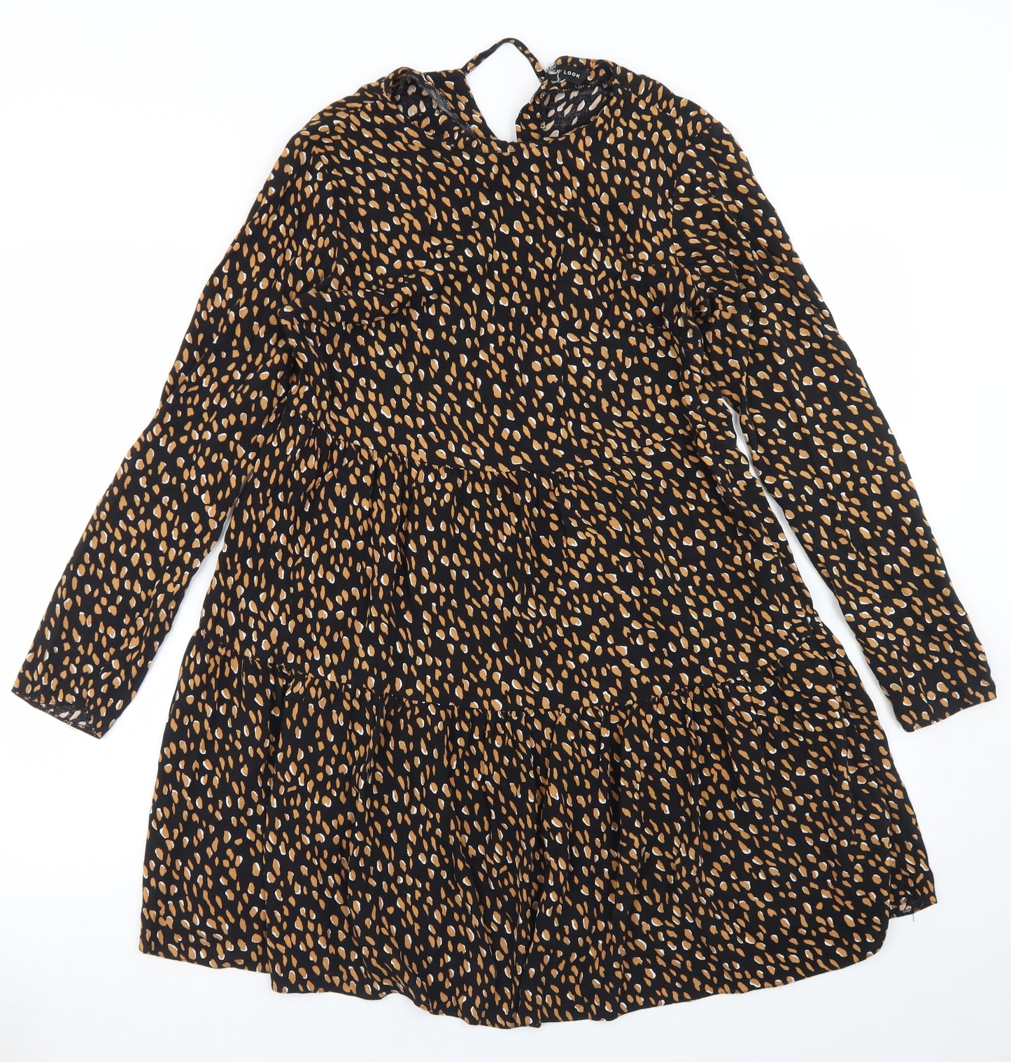 New Look Womens Black Animal Print Viscose Fit & Flare  Size 8  Round Neck Tie