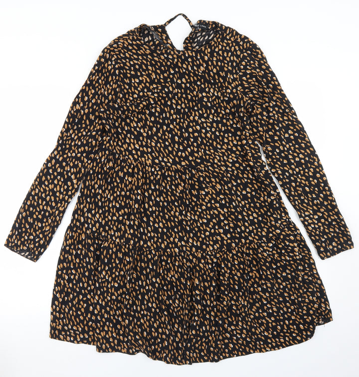 New Look Womens Black Animal Print Viscose Fit & Flare  Size 8  Round Neck Tie