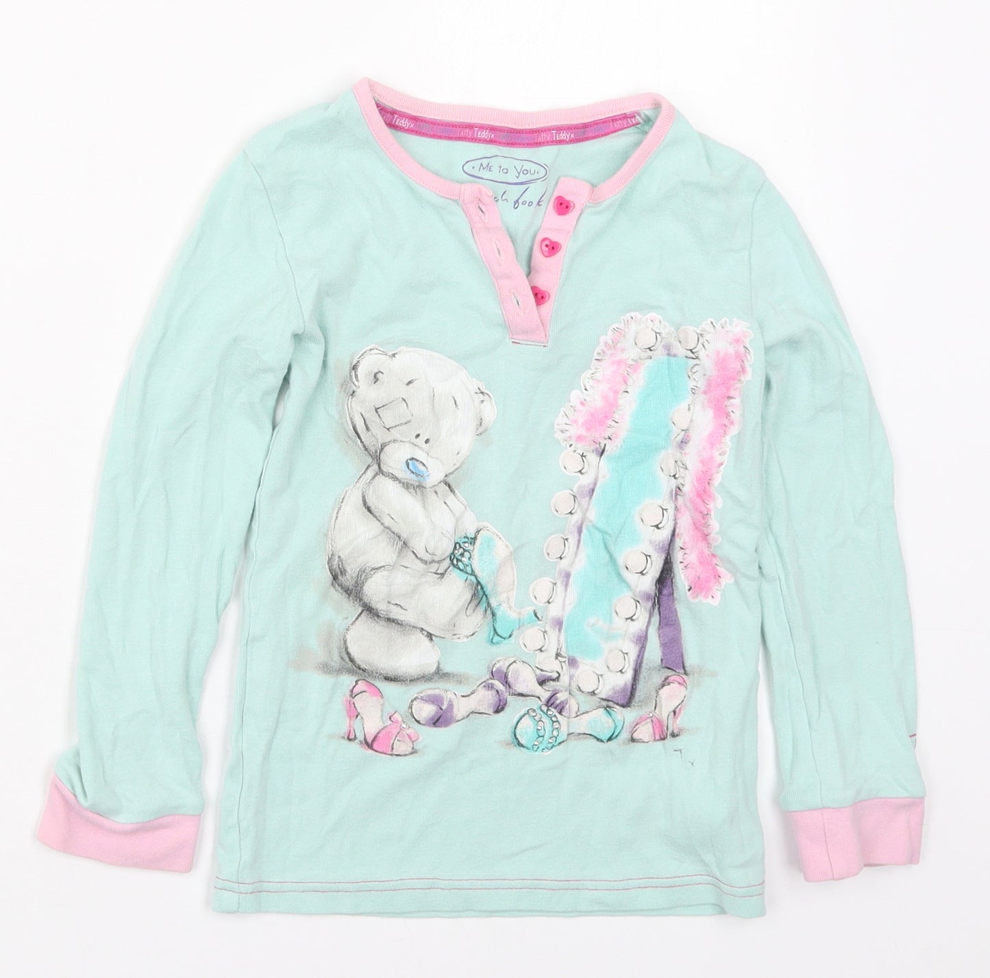 Marks and Spencer Girls Green Solid Cotton Top Pyjama Top Size 7-8 Years  Pullover - Tatty Teddy