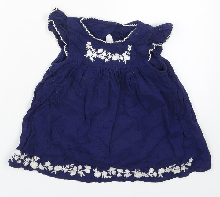 George Girls Blue Floral Cotton A-Line Size 12-18 Months Round Neck Button