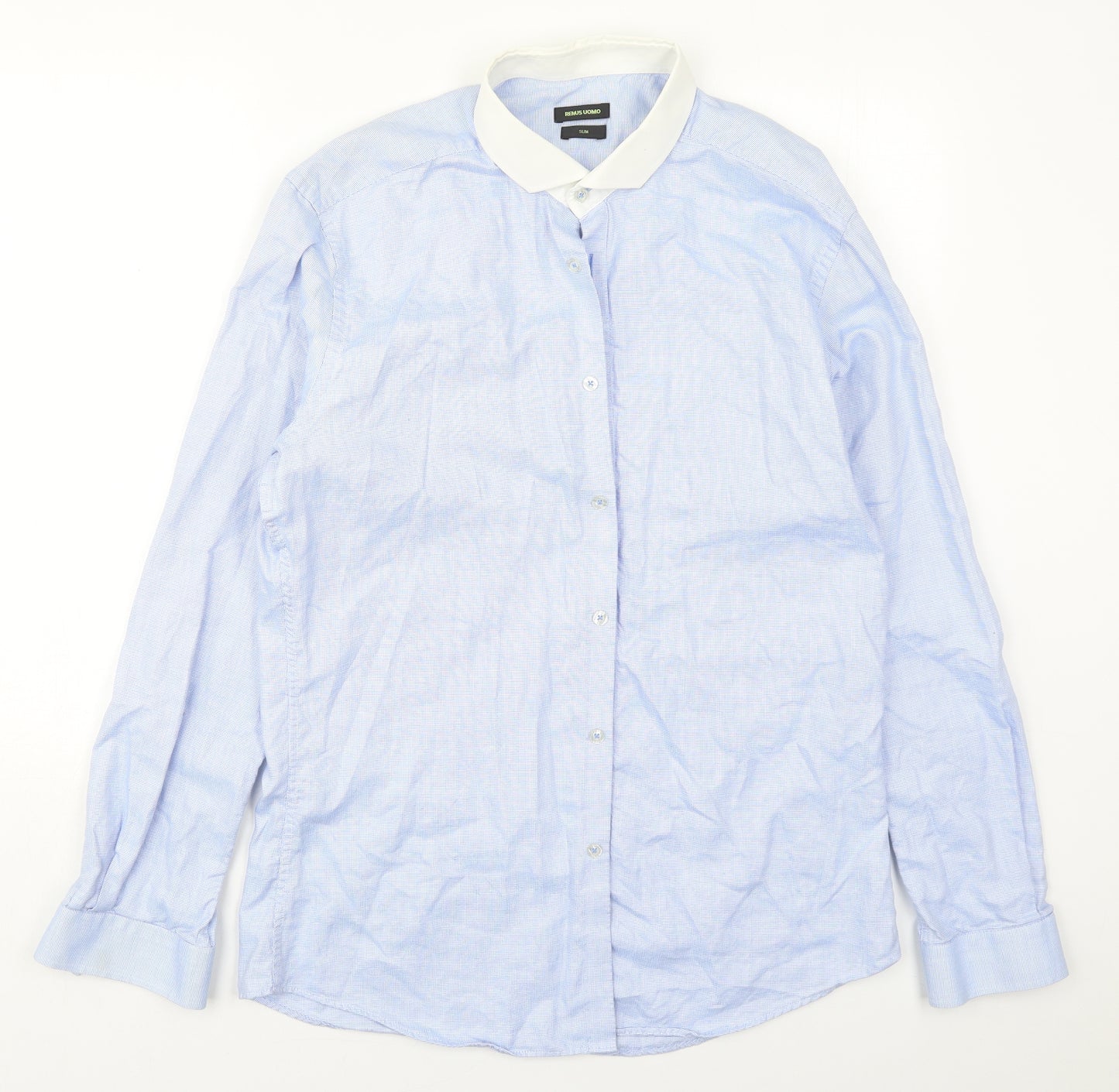 Remus Uomo Mens Blue Check Cotton  Dress Shirt Size 16.5 Collared Button