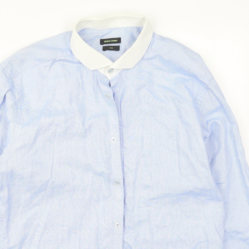 Remus Uomo Mens Blue Check Cotton  Dress Shirt Size 16.5 Collared Button