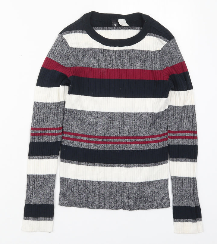 H&M Womens Grey Round Neck Striped Acrylic Pullover Jumper Size S