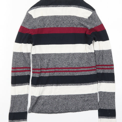 H&M Womens Grey Round Neck Striped Acrylic Pullover Jumper Size S