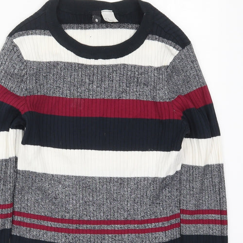 H&M Womens Grey Round Neck Striped Acrylic Pullover Jumper Size S