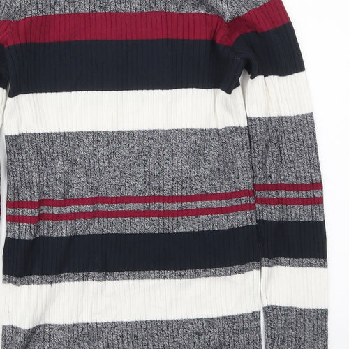H&M Womens Grey Round Neck Striped Acrylic Pullover Jumper Size S