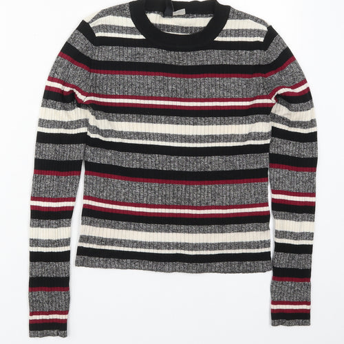 H&M Womens Grey Round Neck Striped Acrylic Pullover Jumper Size S