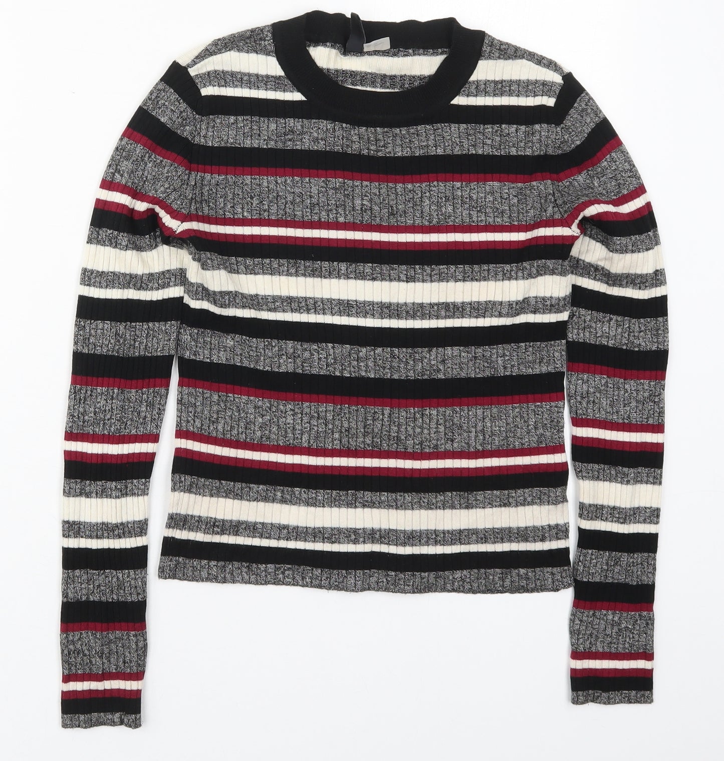 H&M Womens Grey Round Neck Striped Acrylic Pullover Jumper Size S
