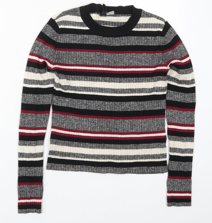 H&M Womens Grey Round Neck Striped Acrylic Pullover Jumper Size S
