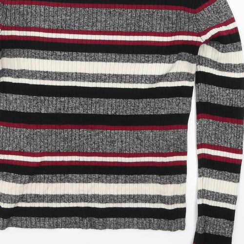 H&M Womens Grey Round Neck Striped Acrylic Pullover Jumper Size S