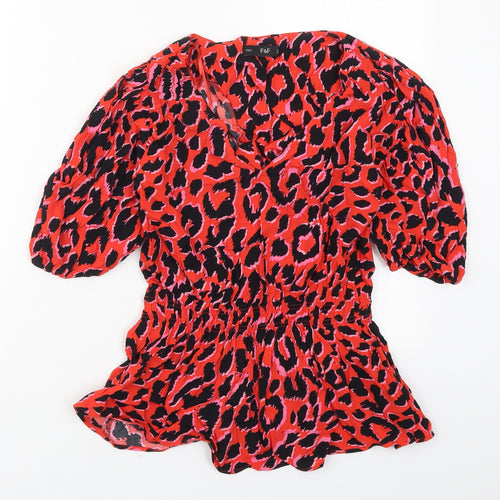 F&F Womens Red Animal Print Viscose Basic Blouse Size 6 V-Neck