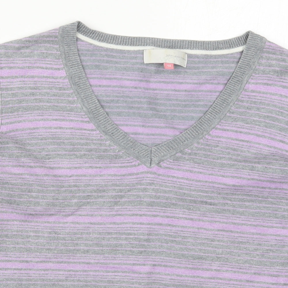 John Lewis Womens Purple V-Neck Striped Viscose Pullover Jumper Size 14