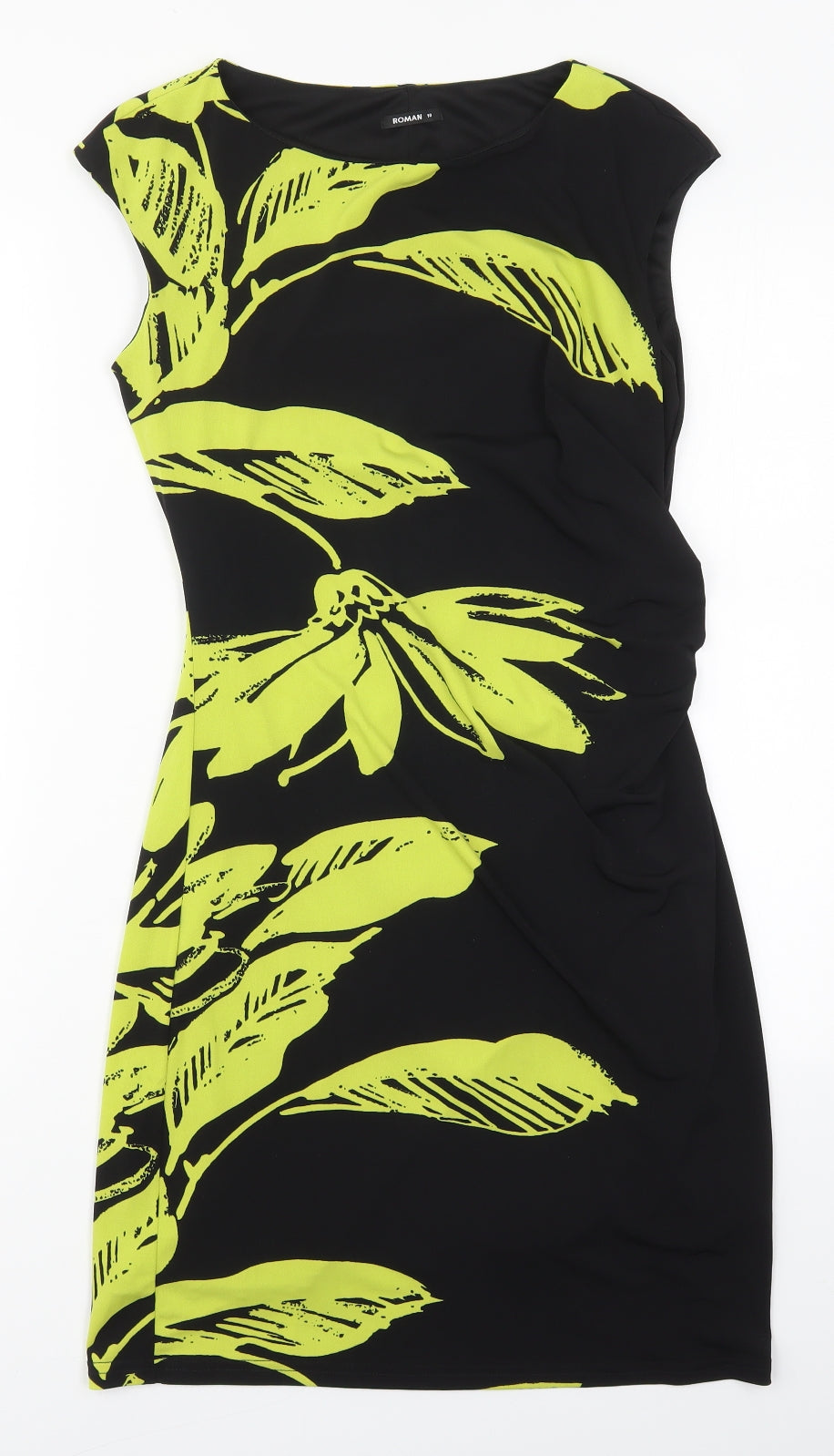 Roman Womens Black Floral Polyester Pencil Dress  Size 10  Round Neck Pullover - Green Flowers