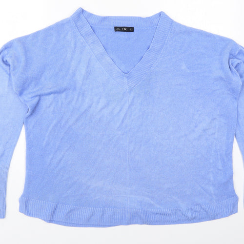 F&F Womens Blue V-Neck  Acrylic Pullover Jumper Size 16