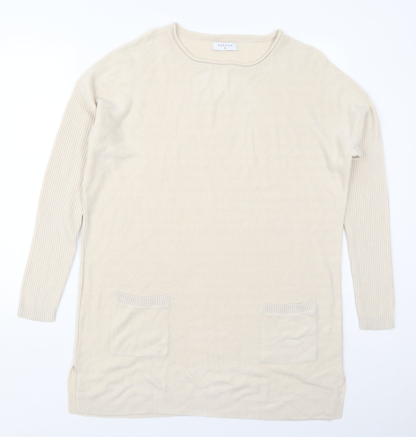 Papaya Womens Beige Round Neck  Acrylic Pullover Jumper Size 10
