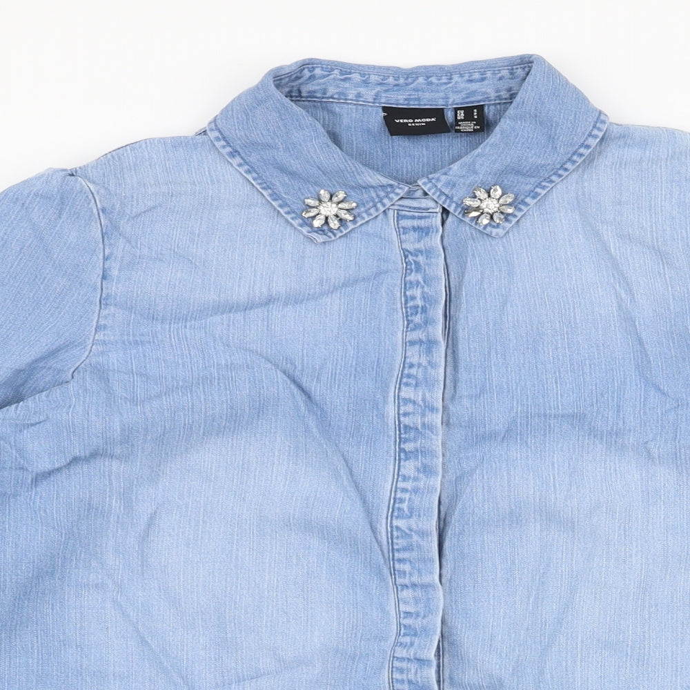 Vera Moda Womens Blue  Lyocell Basic Button-Up Size S Collared