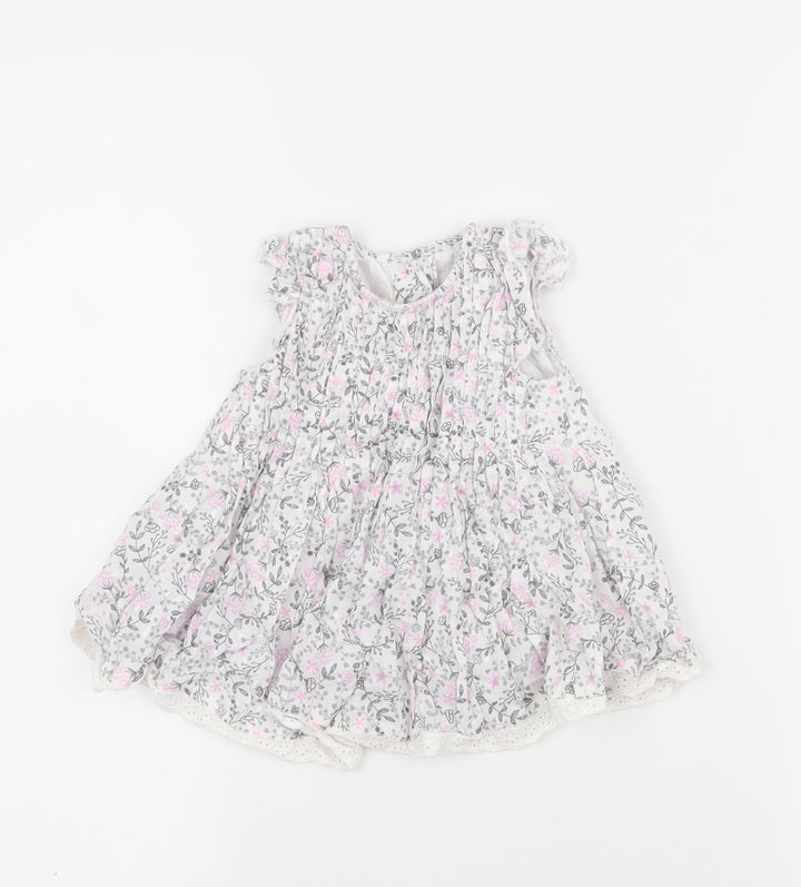George Girls White Floral 100% Cotton Skater Dress Size 0-3 Months Round Neck Button