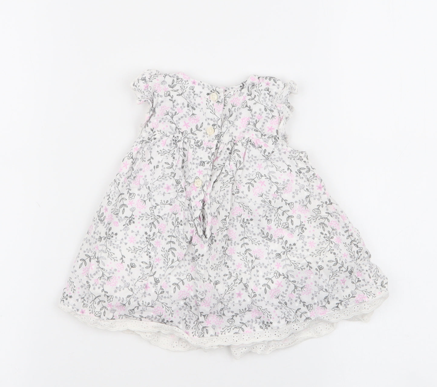 George Girls White Floral 100% Cotton Skater Dress  Size 0-3 Months  Round Neck Button