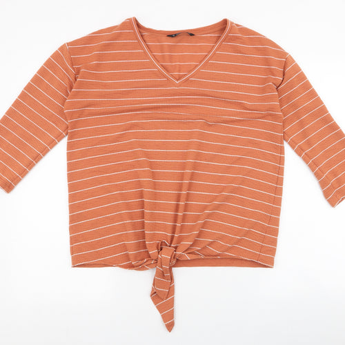 Dunnes Stores Womens Orange Striped Polyester Jersey Blouse Size M V-Neck