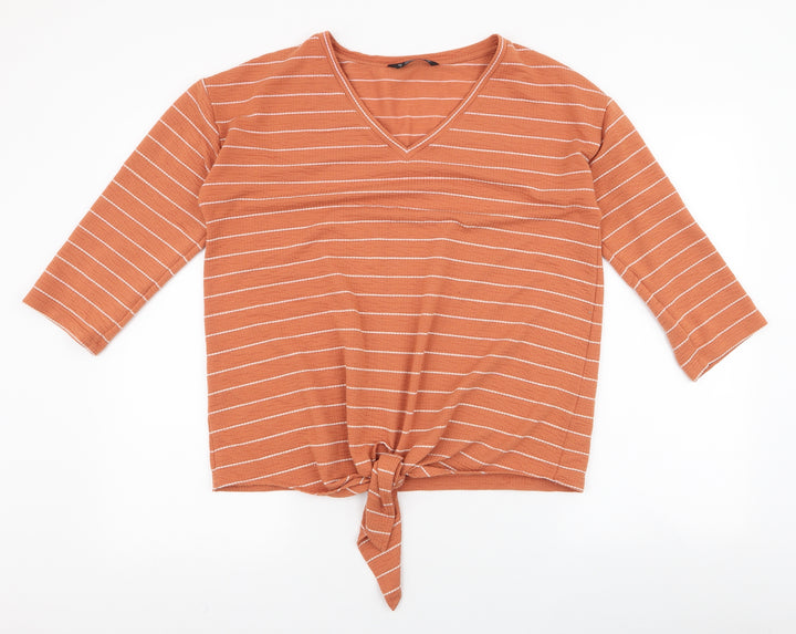 Dunnes Stores Womens Orange Striped Polyester Jersey Blouse Size M V-Neck