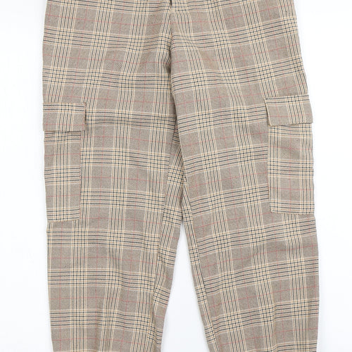 Stradivarius Womens Brown Check Polyester Trousers  Size S L27 in Regular Button