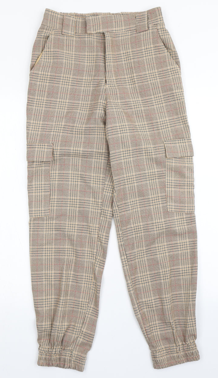 Stradivarius Womens Brown Check Polyester Trousers Size S L27 in Regular Button
