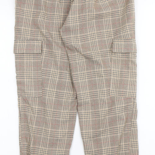 Stradivarius Womens Brown Check Polyester Trousers  Size S L27 in Regular Button