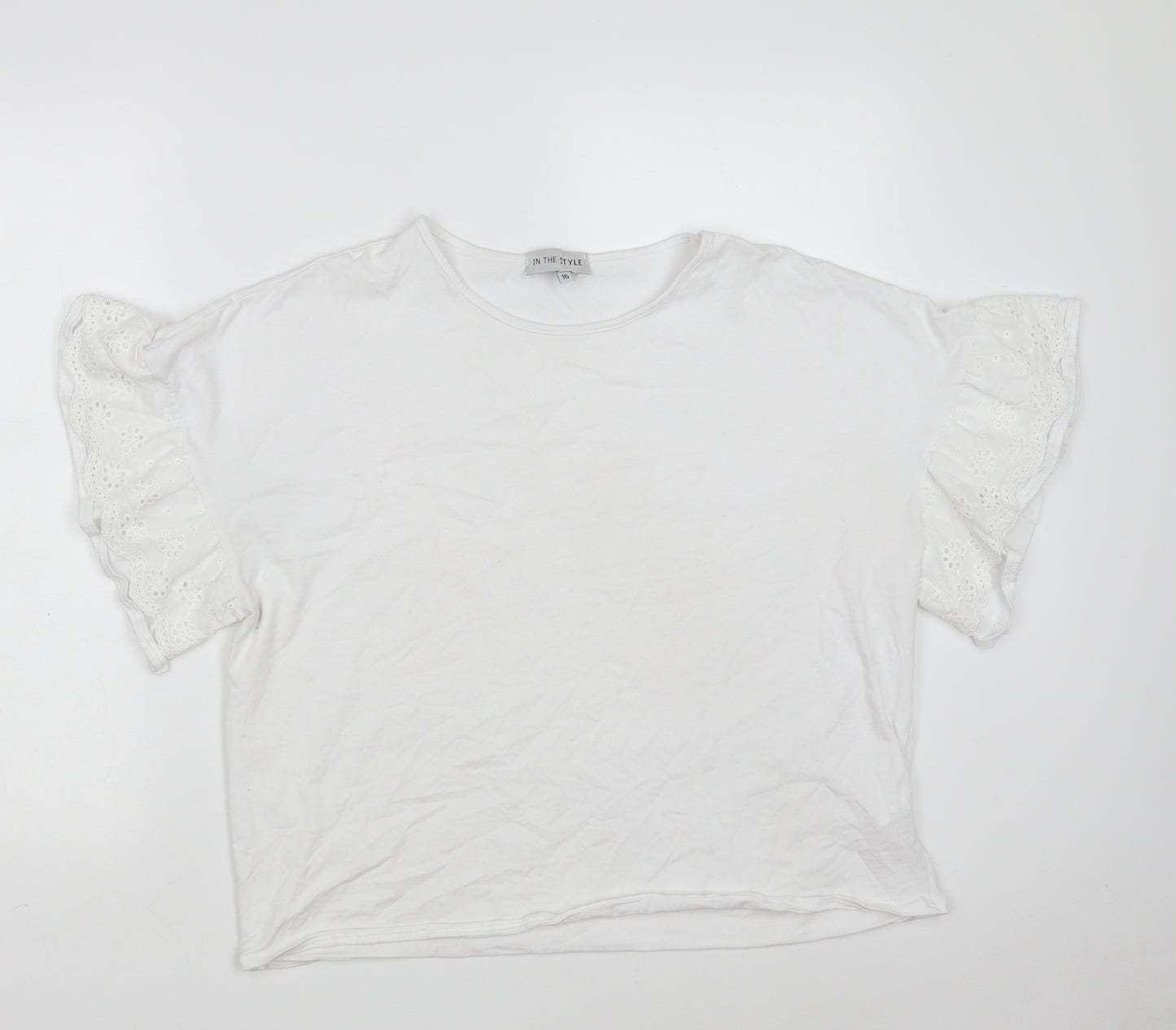 In the Style Womens White Floral Cotton Basic T-Shirt Size 16 Round Neck