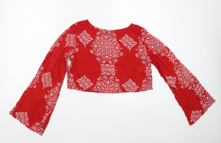 Boohoo Womens Red Floral Viscose Cropped Blouse Size 6 Round Neck
