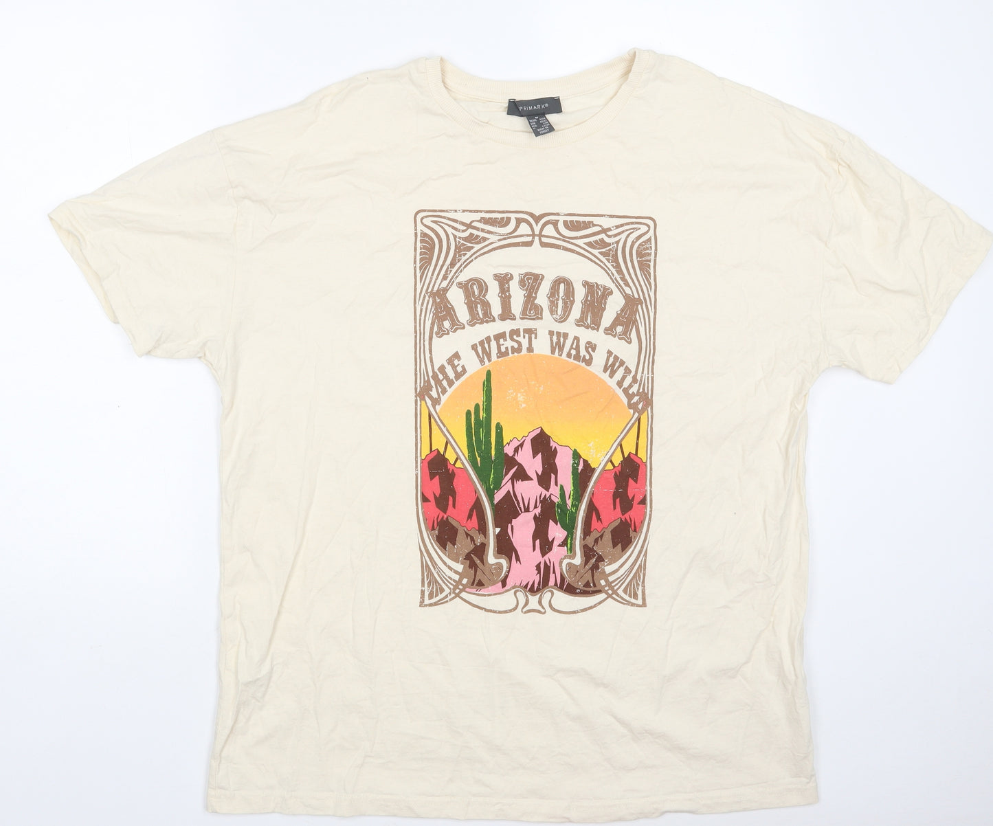 Primark Womens Beige  100% Cotton Basic T-Shirt Size 12 Round Neck - Arizona