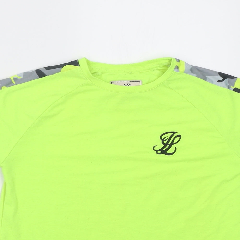 Illusive London Boys Green Camouflage Polyester Basic T-Shirt Size 9-10 Years Crew Neck Pullover
