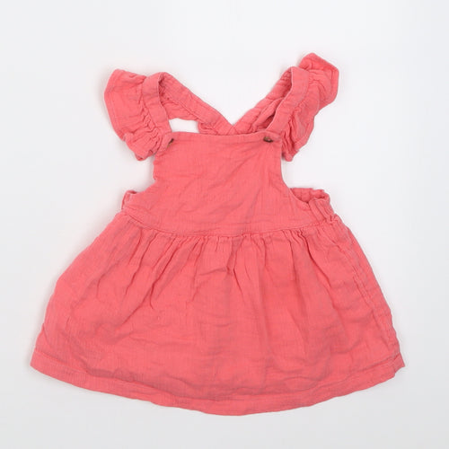 F&F Girls Pink  Cotton Pinafore/Dungaree Dress  Size 6-9 Months  Square Neck Button