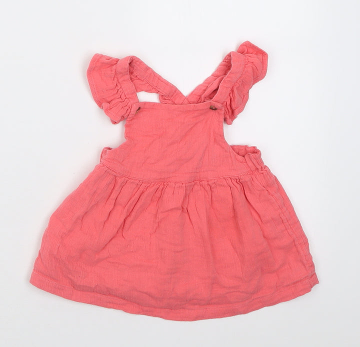 F&F Girls Pink Cotton Pinafore/Dungaree Dress Size 6-9 Months Square Neck Button