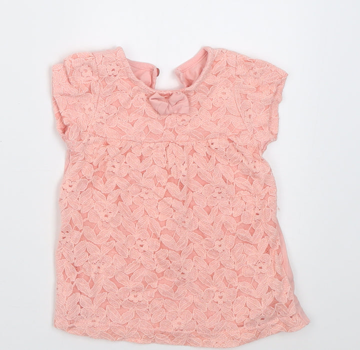 Dunnes Stores Girls Pink Floral Cotton Basic T-Shirt Size 3-6 Months Crew Neck Button