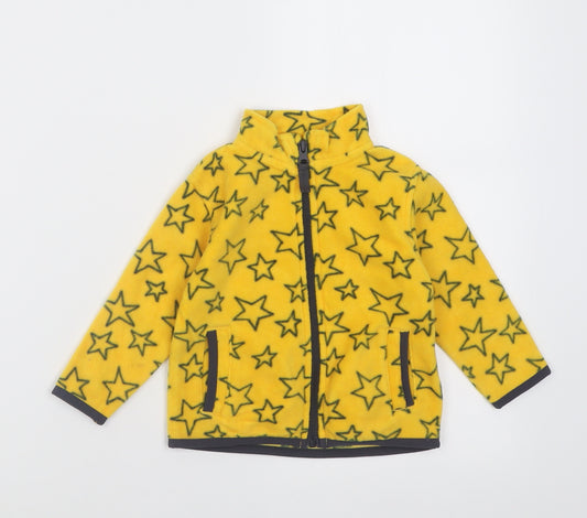 Front view of Dunnes boys’ yellow geometric polyester full zip jumper, size 6-9, months zip - star pattern
