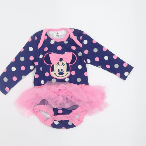 Disney Baby Girls Blue Polka Dot Cotton Babygrow One-Piece Size 0-3 Months  Button - minnie mouse