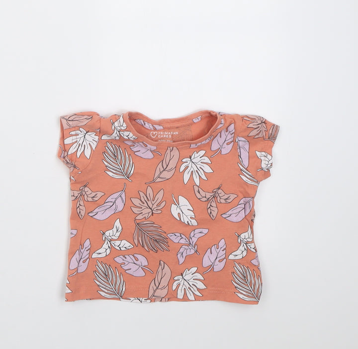 Primark Girls Orange Geometric Cotton Basic T-Shirt Size 9-12 Months Crew Neck Pullover