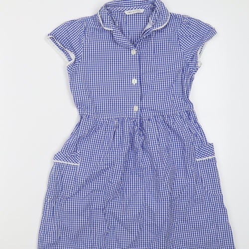 Marks and Spencer Girls Blue Check Cotton A-Line  Size 7-8 Years  Collared Button - School Wear