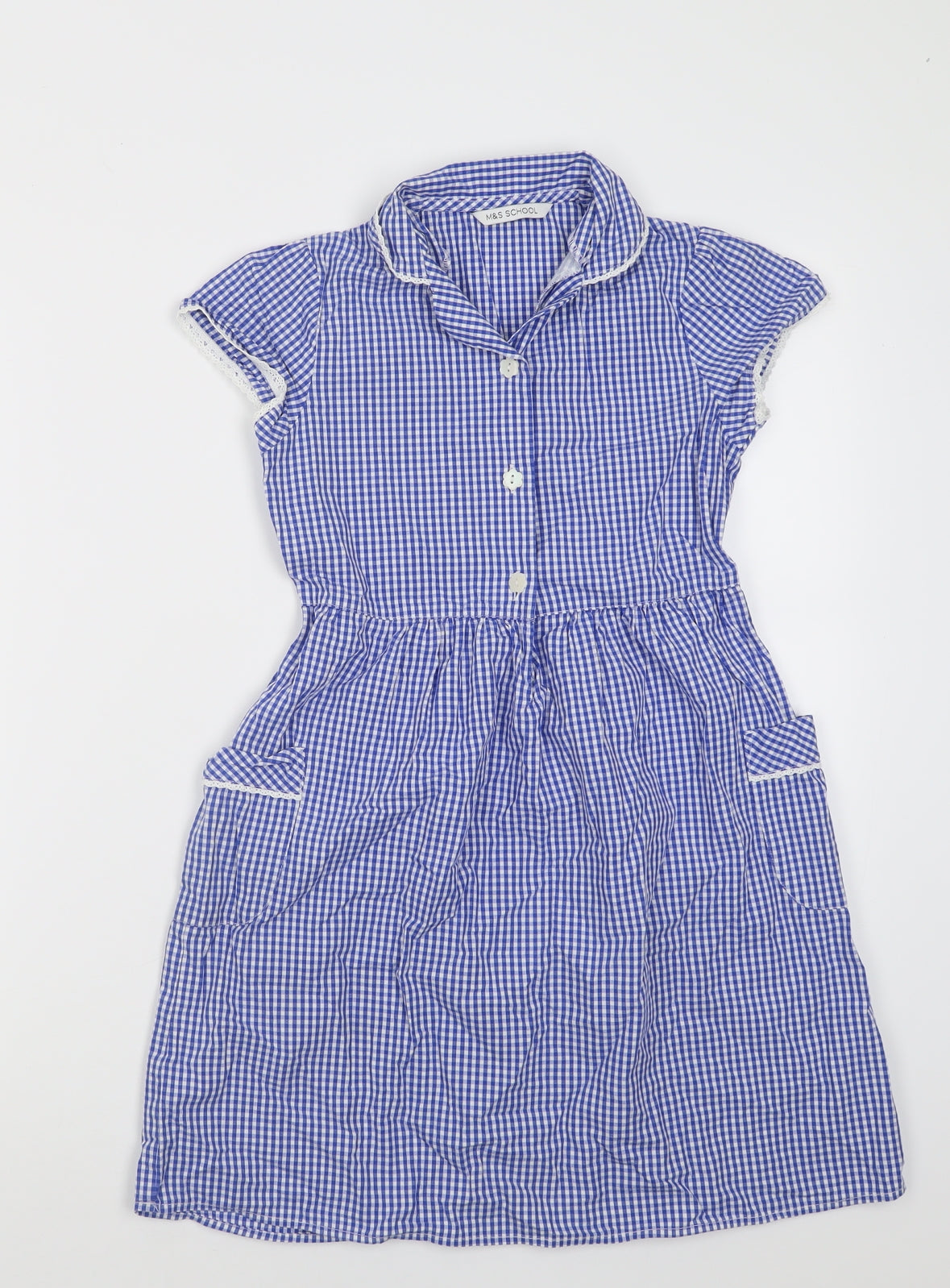 Marks and Spencer Girls Blue Check Cotton A-Line  Size 7-8 Years  Collared Button - School Wear